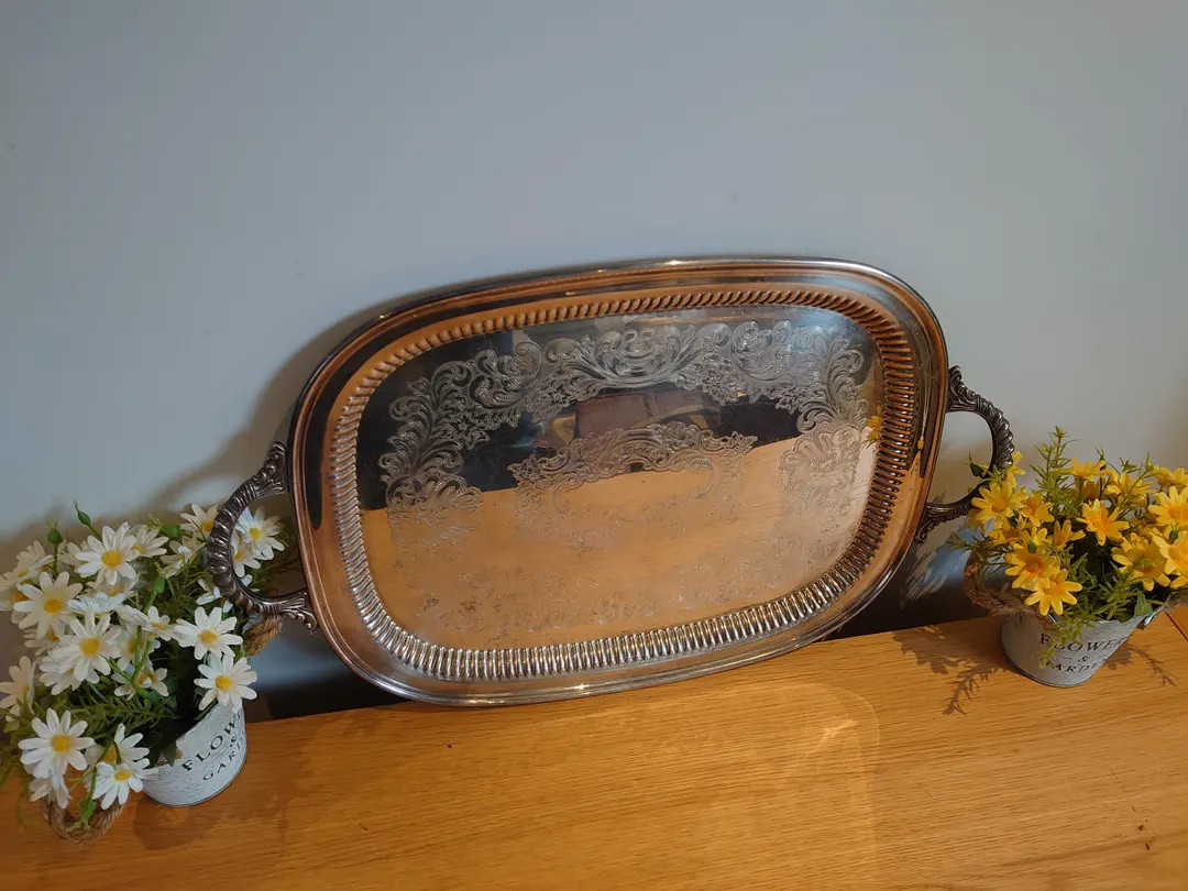 Vintage Electro Plated Silver Nickel Serving Tray Intricate Engraved Design With Twin Handles in ... | Etsy (US)
