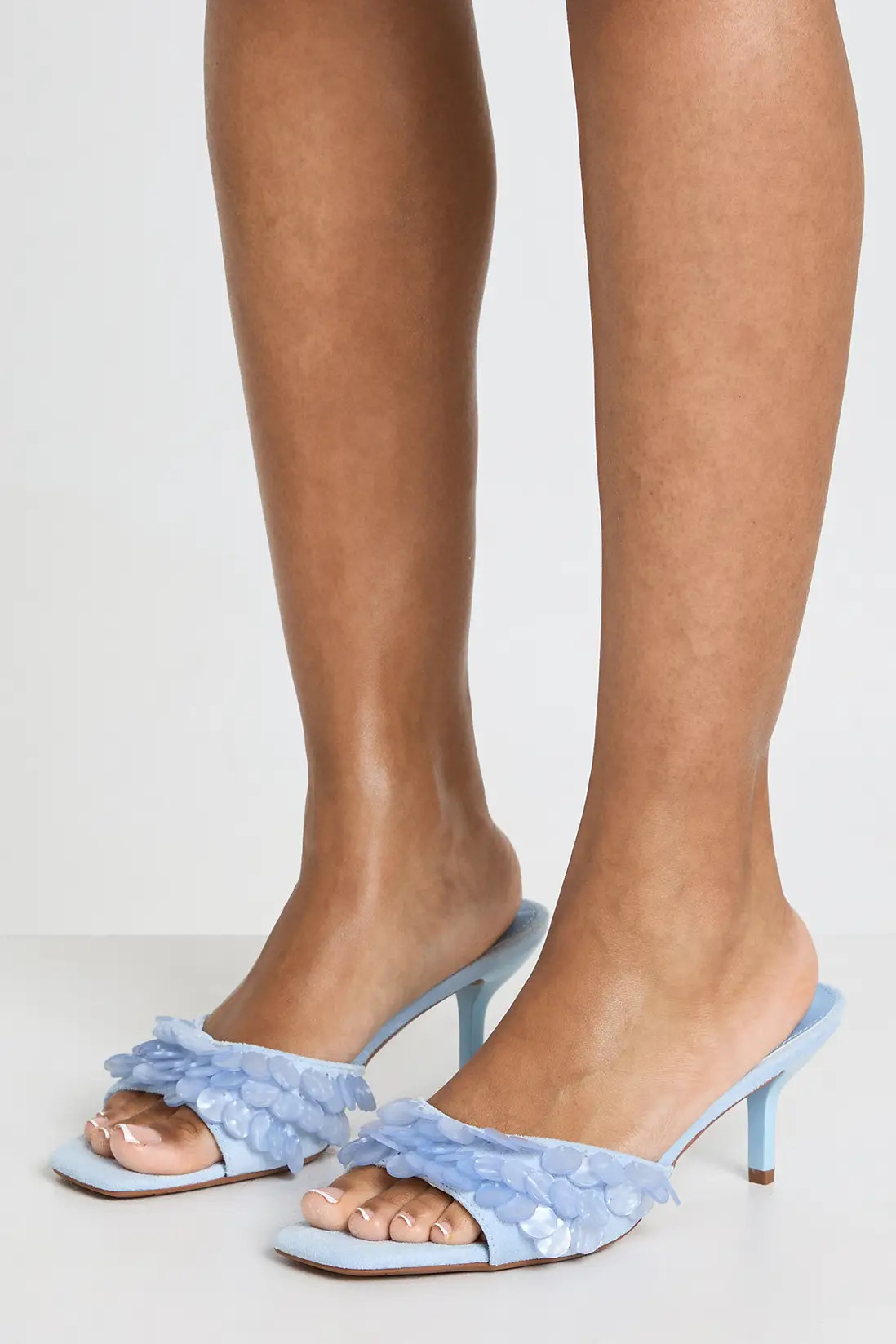 Blue Faux Suede Shell Detail Heeled Mules | Boohoo | Boohoo.com (UK & IE)
