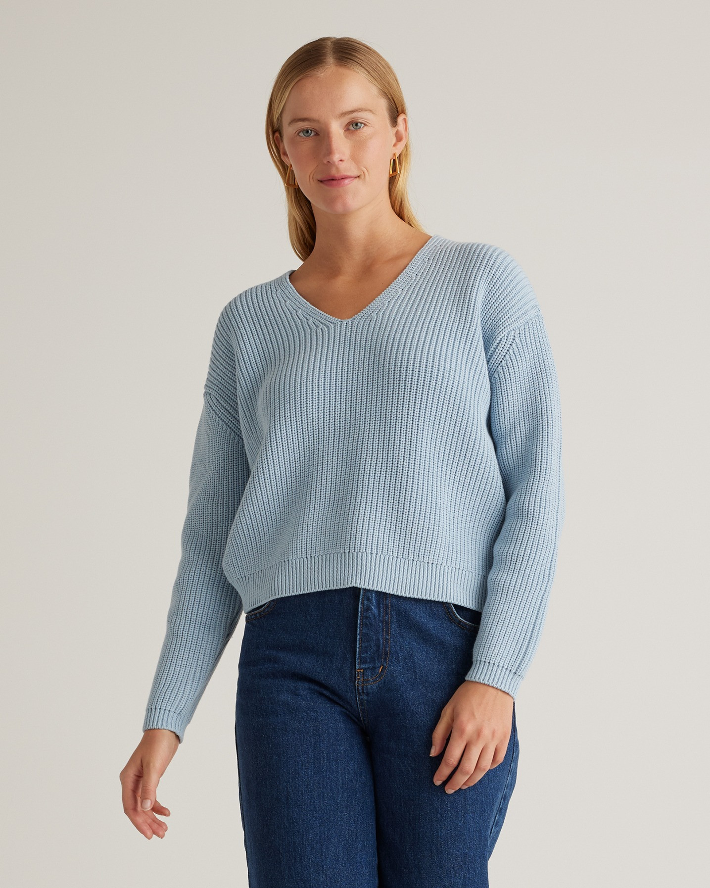 Quince | Women's Fisherman V-Neck Sweater in Sky Blue, Size Small, Organic Cotton | Quince