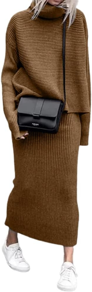 chouyatou Women's Turtleneck 2 Piece Outfits Ribbed Knit Sweater Midi Pencil Skirt Set | Amazon (US)