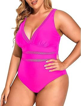 Daci Women Plus Size One Piece Swimsuits Sexy V Neck Tummy Control Bathing Suit Swimwear | Amazon (US)
