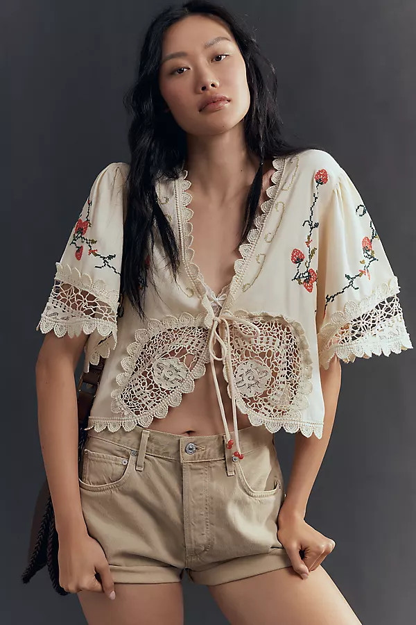 Maeve Linen Blend Embroidered Strawberry Tie-Front Top | Anthropologie (US)