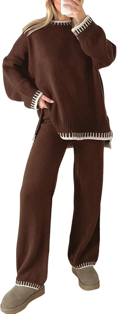 Lentta Women's 2 Piece Sweater Sets Outfits Long Sleeve Knit Pullover Tops Wide Leg Pants Lounge ... | Amazon (US)