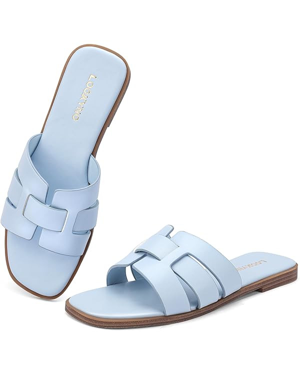 Flat Sandals for Women Comfortable Slip On Dressy Summer Leather Slides with Square Open Toe | Amazon (US)
