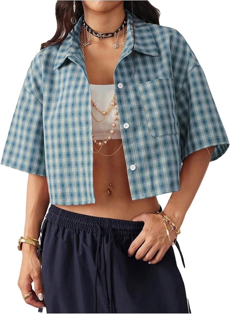 SOLY HUX Women's Button Down Vintage Plaid Shirts Short Sleeve Crop Blouses Preppy Clothes | Amazon (US)