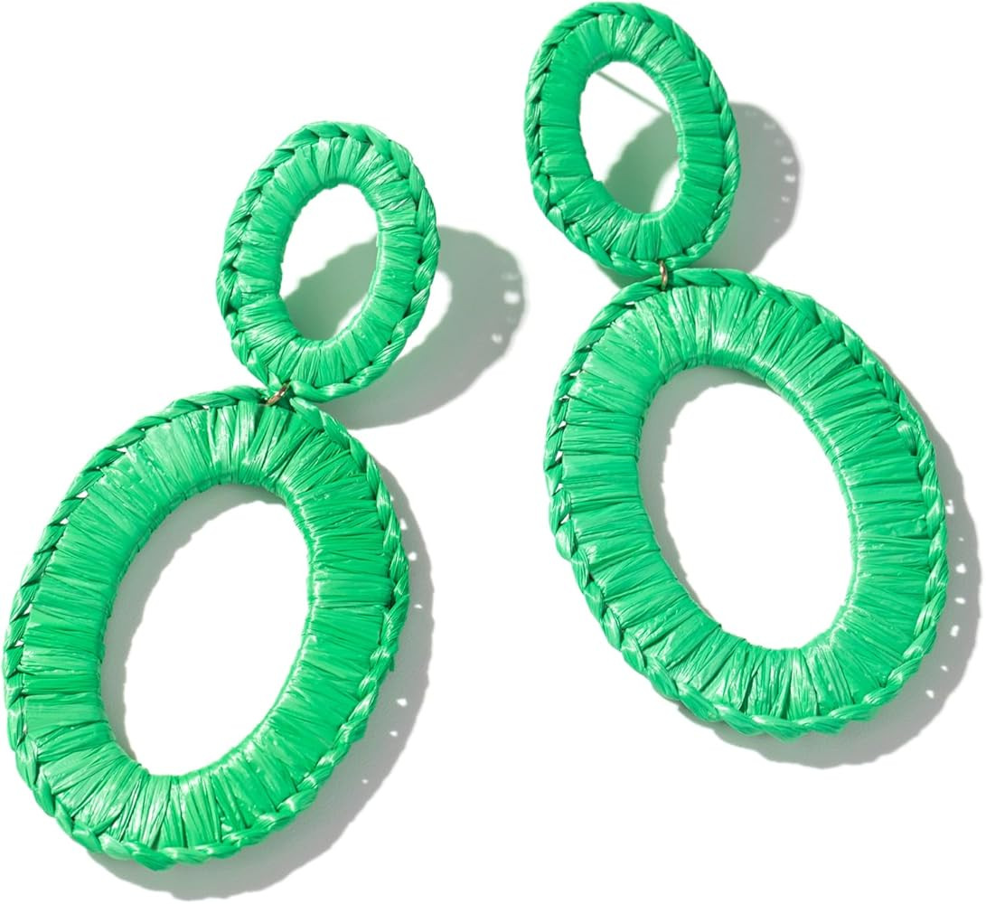 Statement Raffia Circle Earrings, Boho Rattan Earrings for Women - Handwoven Straw Round Earrings | Amazon (US)