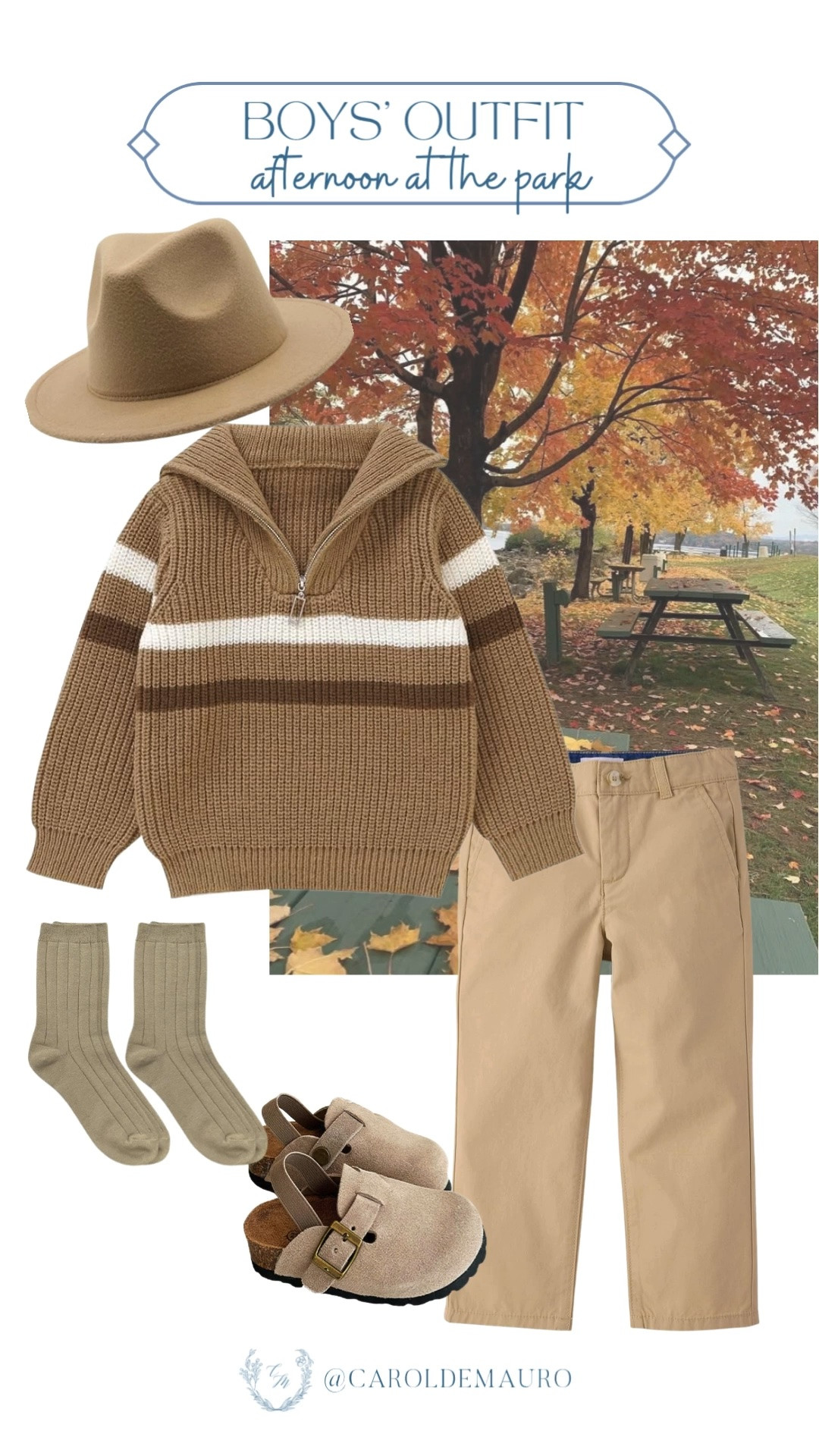 A camel fedora and quarter zip sweater make this the coziest look for a fall afternoon outside. 

boys fall outfit, park outfit idea, toddler fall style, boys sweater outfit, fall family outing, kids fashion inspo, autumn boy style