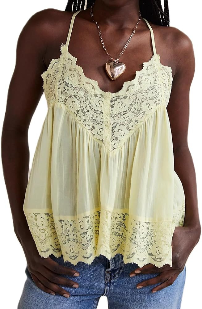 Women Sleeveless Tank Tops Lace Solid Color See Through Spaghetti Strap Cami Shirts V Neck Backle... | Amazon (US)