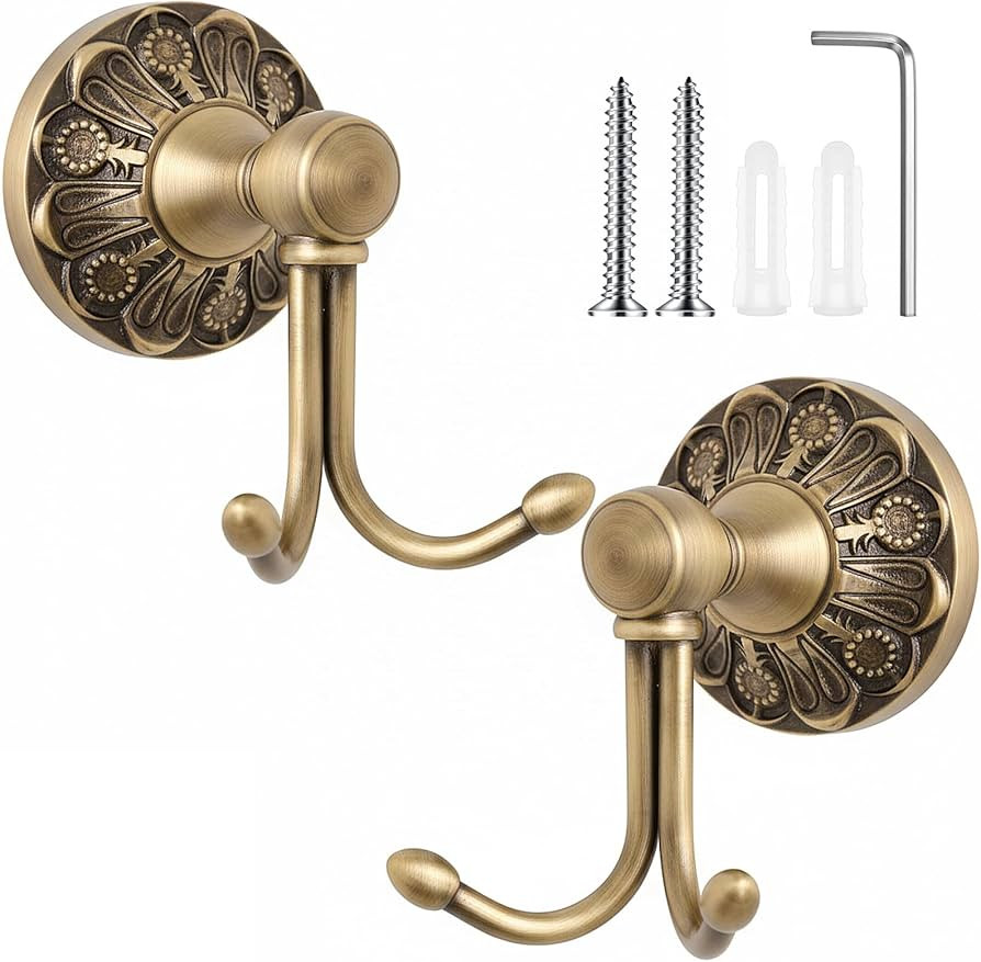 Brass Towel Hook 2 Pack, Vintage Wall Mounted Robe Holder Heavy Duty Bathroom Coat Hanger for Tow... | Amazon (US)