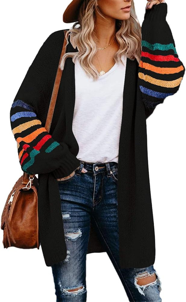 Dokotoo Women's Long Open Front Cardigans Striped Color Block Loose Knit Sweaters Outwear Coat | Amazon (US)