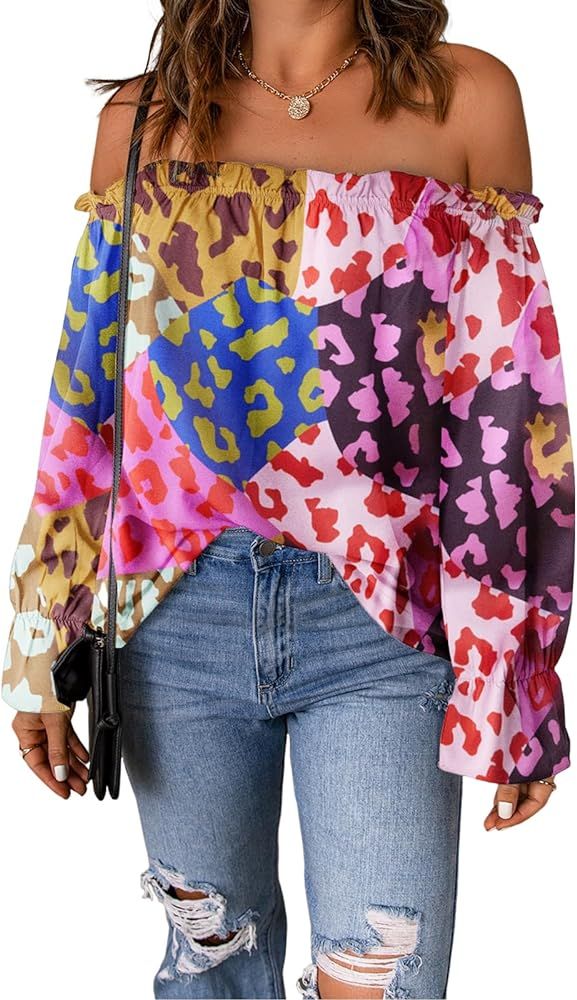 Spriolim Women's Off Shoulder Top Ruffle Long Sleeve Chiffon Blouse Casual Loose Shirts | Amazon (US)