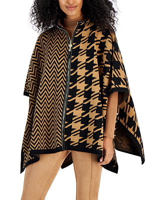 Anne Klein Women's Houndstooth Mixed-Print Zip-Up Cape Sweater - Macy's | Macy's