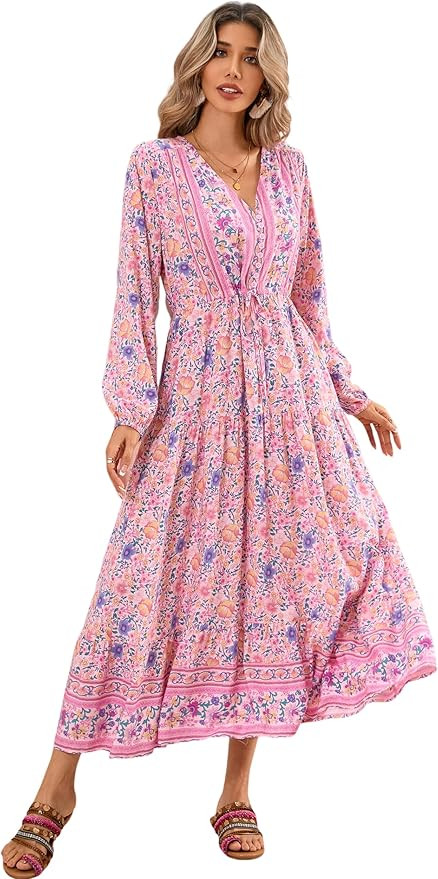 R.Vivimos Women's Long Sleeve Cotton V-Neck Button Up Floral Print Boho Flowy Midi Dresses | Amazon (US)