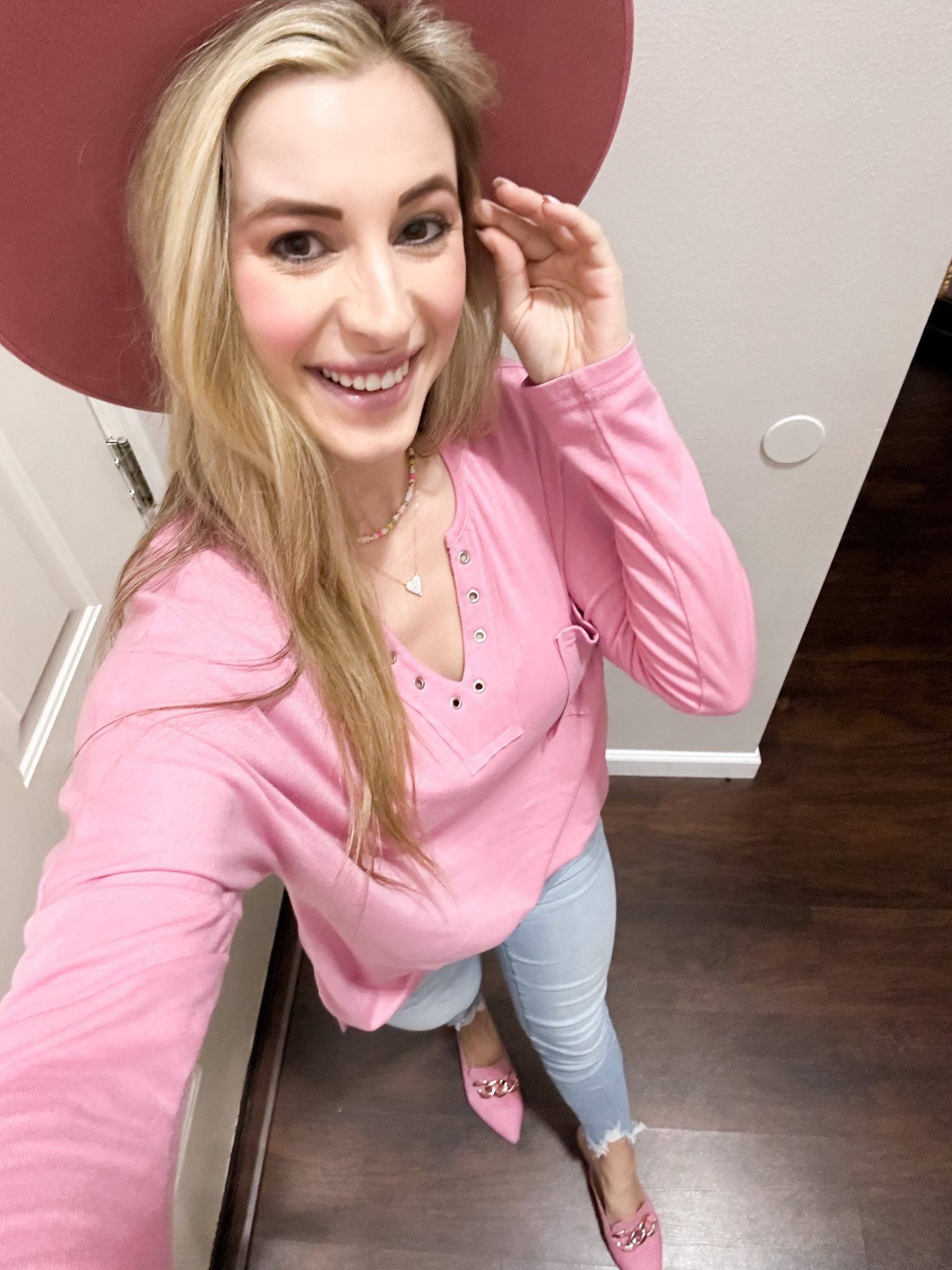 Pink lack of Colour hat, pink Henley long sleeve tee from Amazon, Abercrombie and Fitch jeans, pink Steve Madden mules. OOTD. Outfit of the day. 

#LTKshoecrush