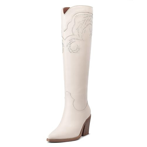 MUCCCUTE White Cowgirl Boots for Womens White Cowboy Boots Knee High Western High Heel Wide Calf Cowboy Boot Womens Cowboy Tall Botas Size 7.5 | Amazon (US)