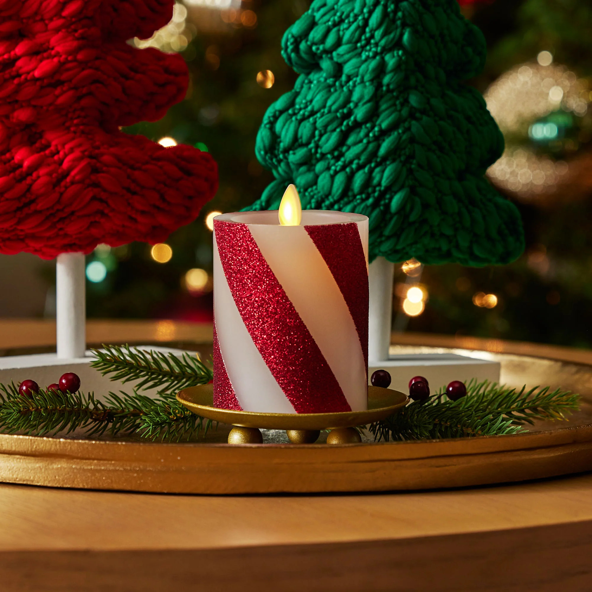 Red Candy Cane Wide Glitter Stripe White Flameless Candle Pillar | Luminara