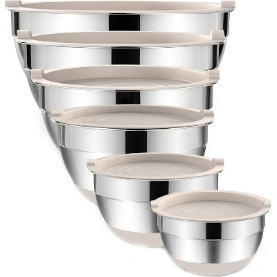 Itopfox Stainless Steel Mixing Bowls with Airtight Lids, 6-Piece Nesting Set, Non-Slip Bottoms, Great for Mixing & Serving, Dishwasher Safe | Target