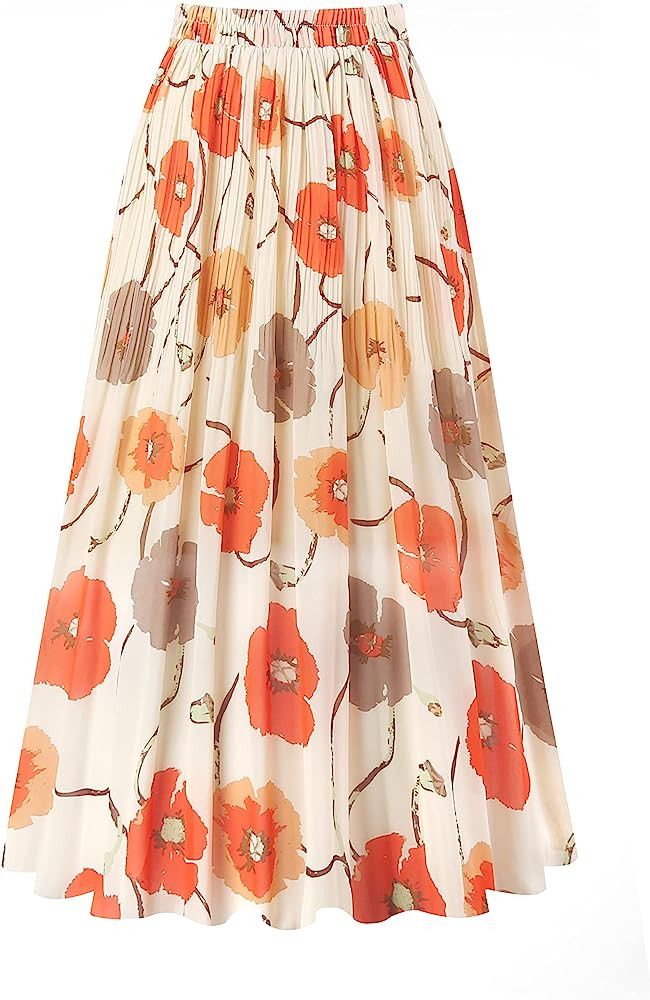 Kingfancy Women's Pleated Skirt Chiffon Elastic Waist A-Line Midi Length Skirt | Amazon (US)