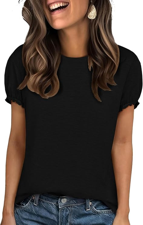 UNCLECAT Women's Ruffle Short Sleeve T Shirts Trendy Crew Neck Tops Solid Basic Tee Summer Outfit... | Amazon (US)