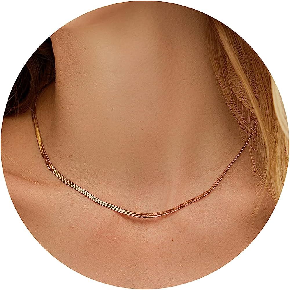 EASYHAUTE 14K Gold/Silver Plated Snake Chain Herringbone Necklace Hypoallergenic Dainty Choker Wa... | Amazon (US)