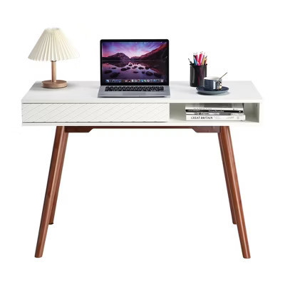 29.5in Modern Home Office Desk with Drawer, Mid Century Computer Writing Desk, Wood Legs, Open Storage Cubby, Small Vanity | Target