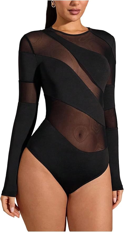 GORGLITTER Women's Sheer Bodysuit Sexy Mesh Long Sleeve Bodysuit See Through Rave Party Leotard S... | Amazon (US)