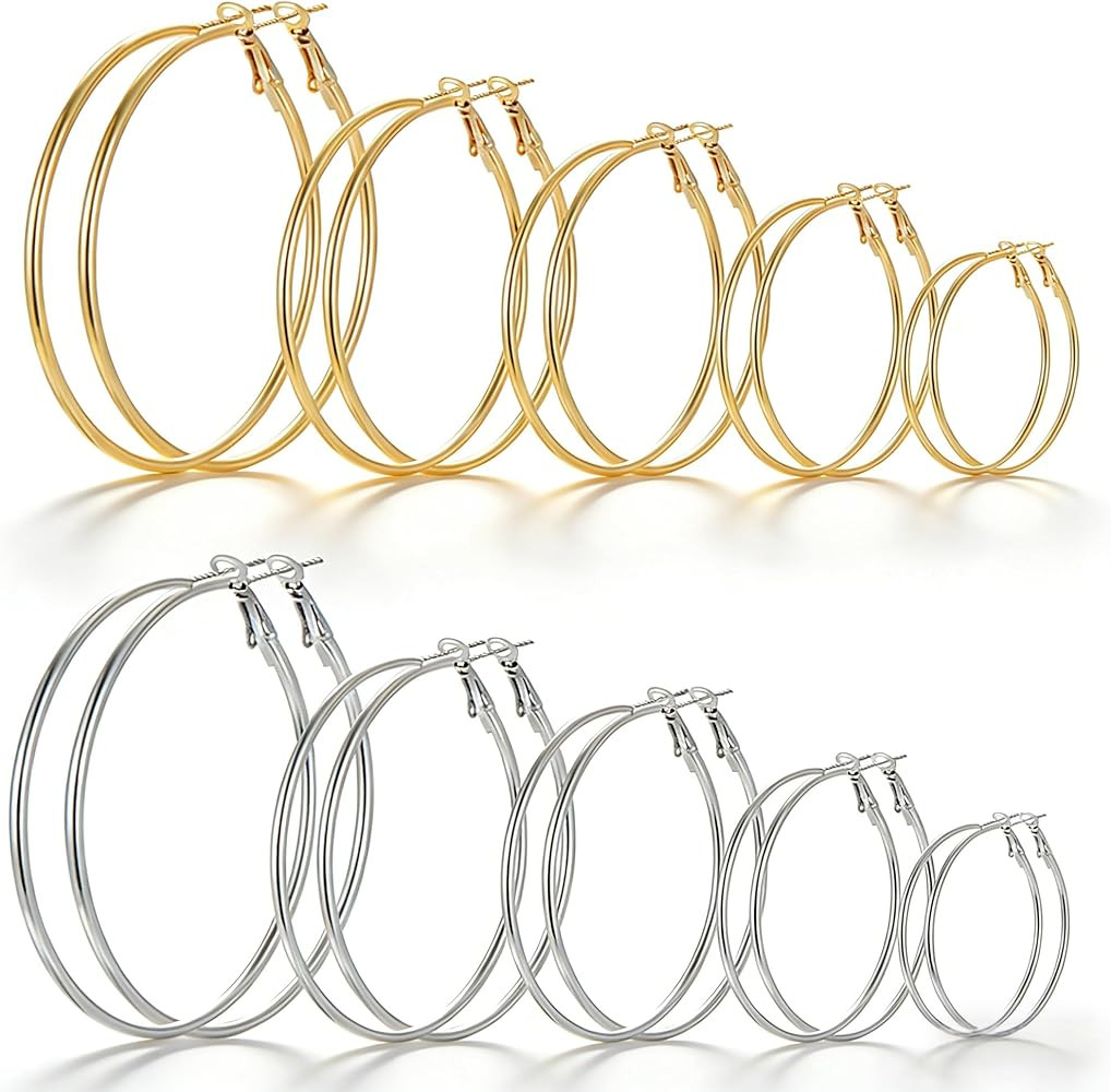 10 Pairs Gold Silver Hoop Earrings for Women | 14K Gold Plated Hoop Dainty Earrings | Stainless S... | Amazon (US)
