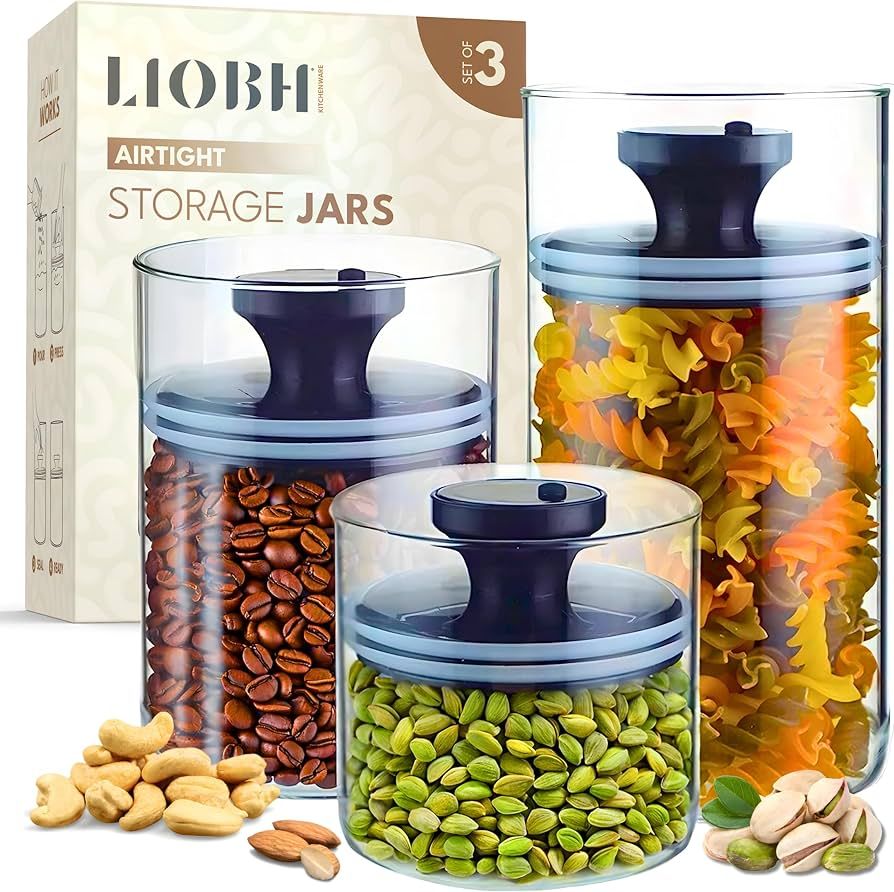 SET OF 3 Glass Storage Jars with Airtight Lids - Kitchen Storage Containers - Preserve Food Fresh... | Amazon (US)