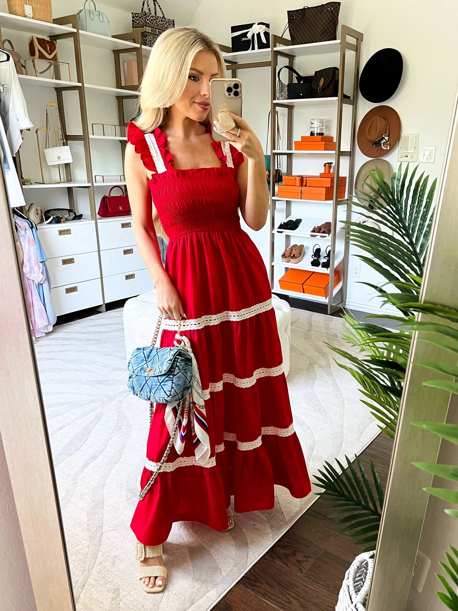 Macy15 for 15% off! Avara. Memorial Day weekend outfit. Red white and blue. Denim purse. Red dress. Maxi dress 