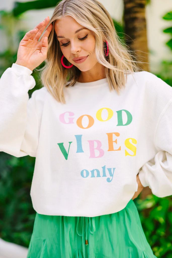 Good Vibes Only White Graphic Corded Sweatshirt | The Mint Julep Boutique