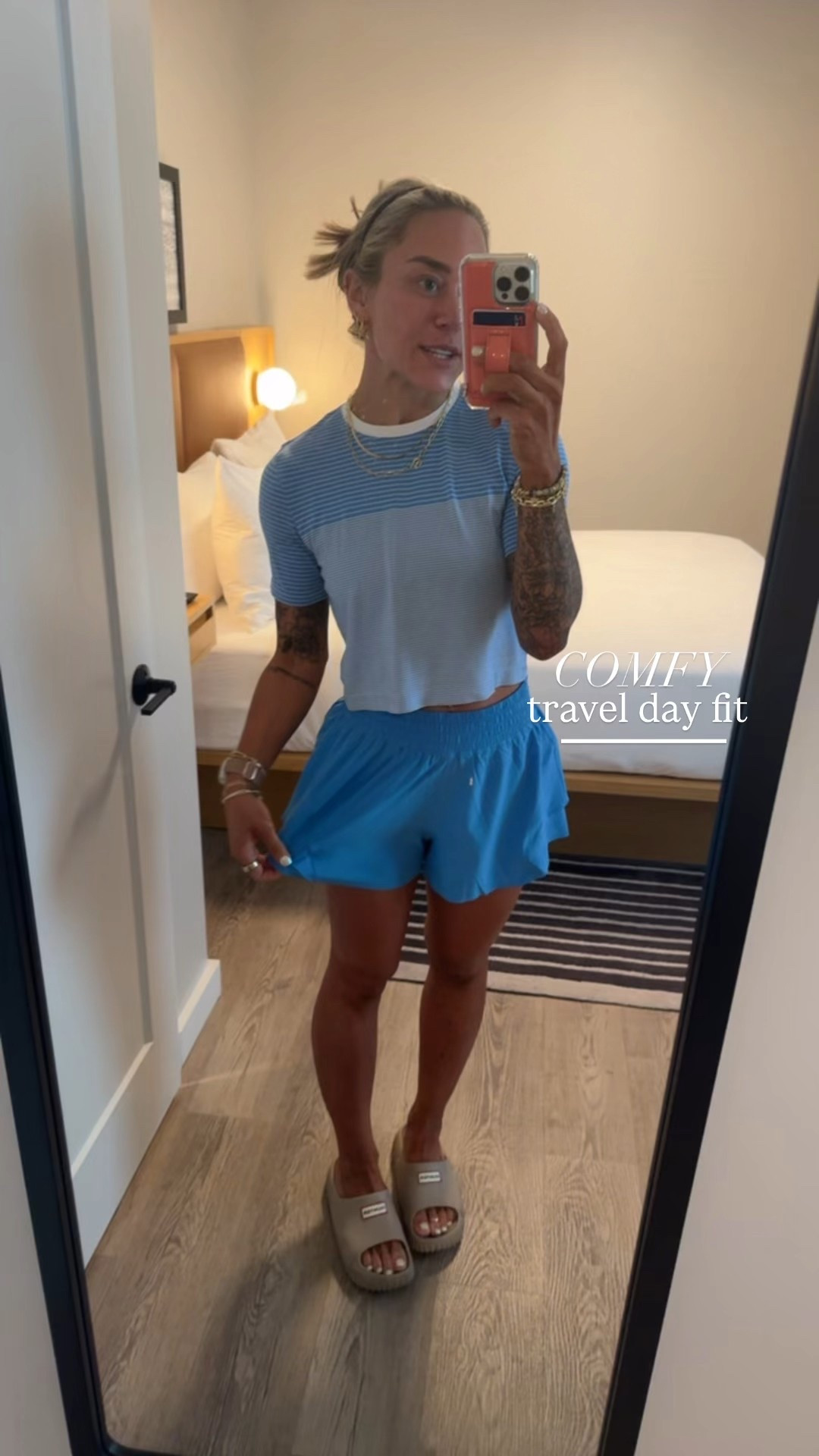 Today’s travel fit💙🦋 so cute & comfy! In a S short (LOVE these) & S top! TTS slides🙌🏼  

Athleisure / athletic shorts / lululemon / shake it out short / ootd / Holley Gabrielle 

#LTKStyleTip #LTKActive #LTKFindsUnder100