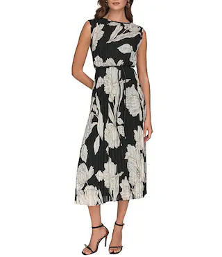 Floral Print Pleated Chiffon Round Neck Cap Sleeve Belted Midi Dress | Dillard's
