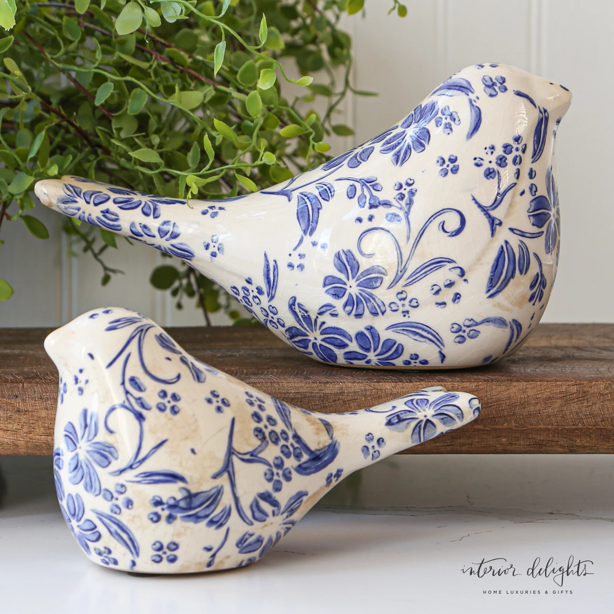 Ceramic Blue Floral Birds- Set of 2 | Interior Delights