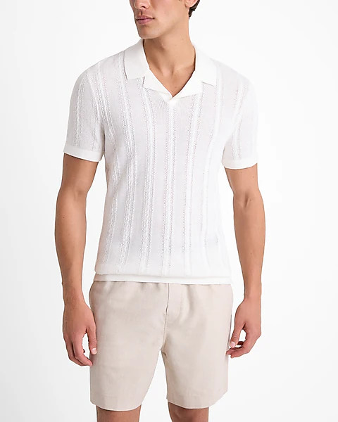 Open Cable Knit Cotton Short Sleeve Sweater Polo | Express
