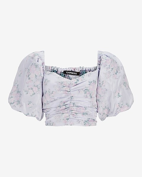 Floral Puff Sleeve Ruched Cropped Top | Express