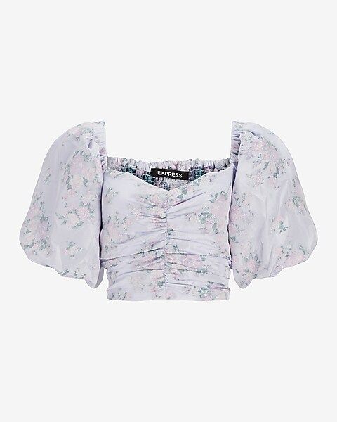 Floral Puff Sleeve Ruched Cropped Top | Express