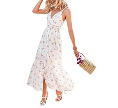 BerryGo Women's Embroidery Pearl Button Down Dress V Neck Spaghetti Strap Maxi Dress | Amazon (US)