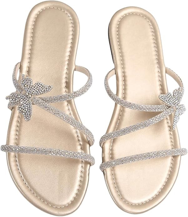 OYOANGLE Women's Butterfly Rhinestone Shiny Slide Sparkly Sandals Strappy Slip on Flat Sandals Dr... | Amazon (US)