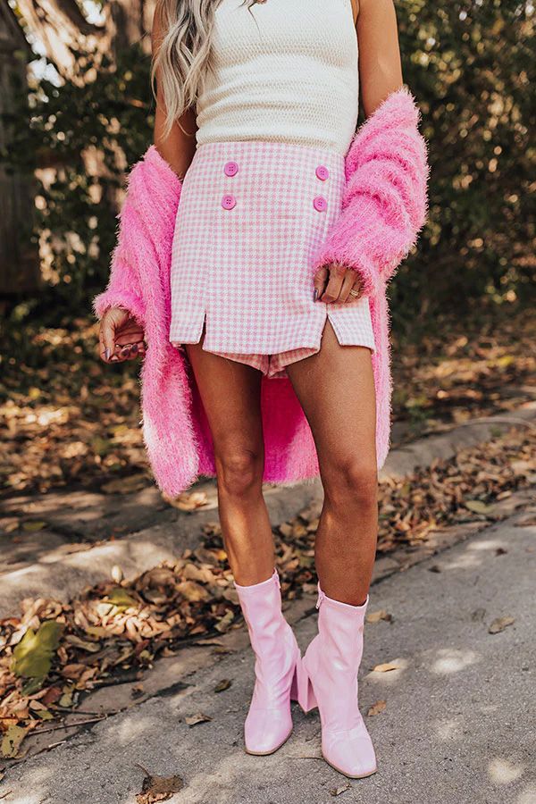 Chill On The Horizon Houndstooth Skort In Pink | Impressions Online Boutique