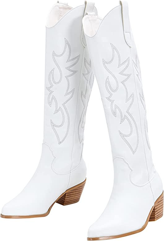 Women's Embroidered Western Cowboy Boots Knee High Stitching Almond Medium Heel Chunky Heel 5cm P... | Amazon (US)