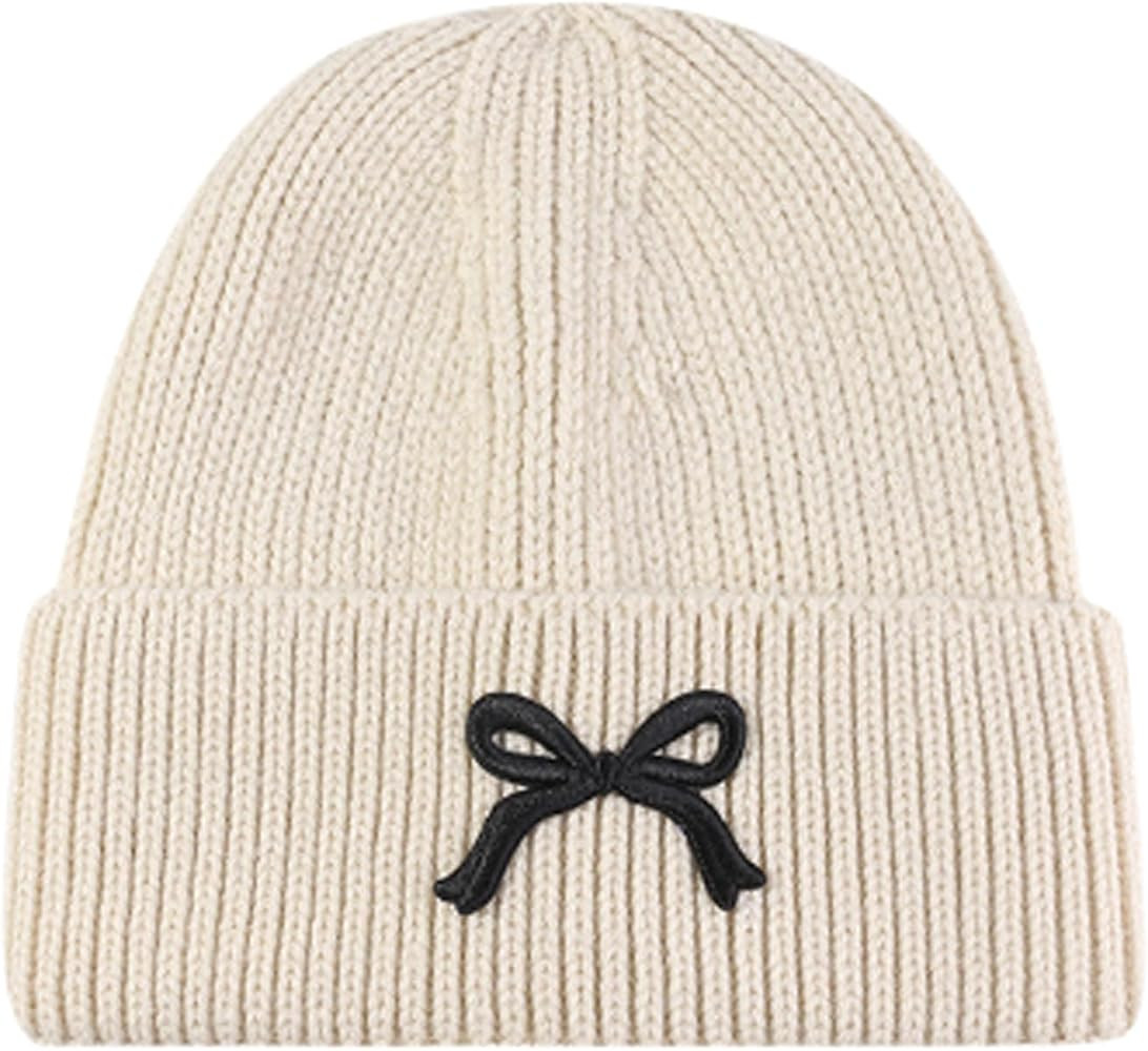 Women Bow Beanie Hat Winter Warm Knit Hats 2024 Cute Embroidery Bowknot Caps Streetwear | Amazon (US)