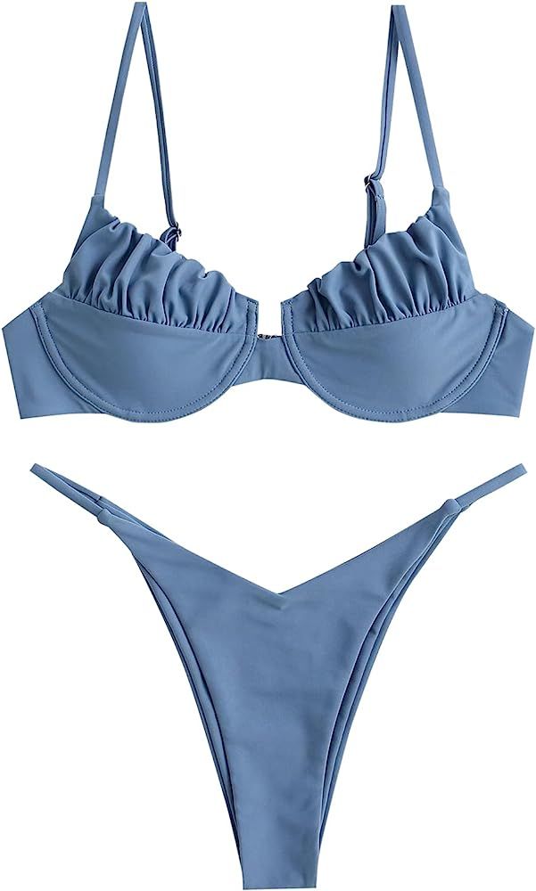 ZAFUL Women's Ribbed Underwire Bikini High Cut Bikini V Notch Smocked Swimwear Butterfly Print Hi... | Amazon (US)