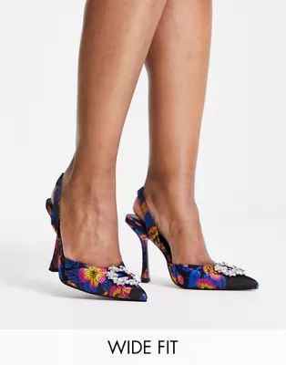 ASOS DESIGN Wide Fit Poppy embellished slingback high heeled shoes in multi | ASOS (Global)
