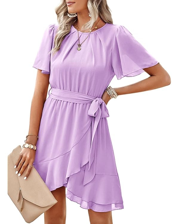 Dokotoo Womens Summer Dresses 2024 Crewneck Short Sleeve Waist Tie Ruffle Casual Chiffon A-Line S... | Amazon (US)