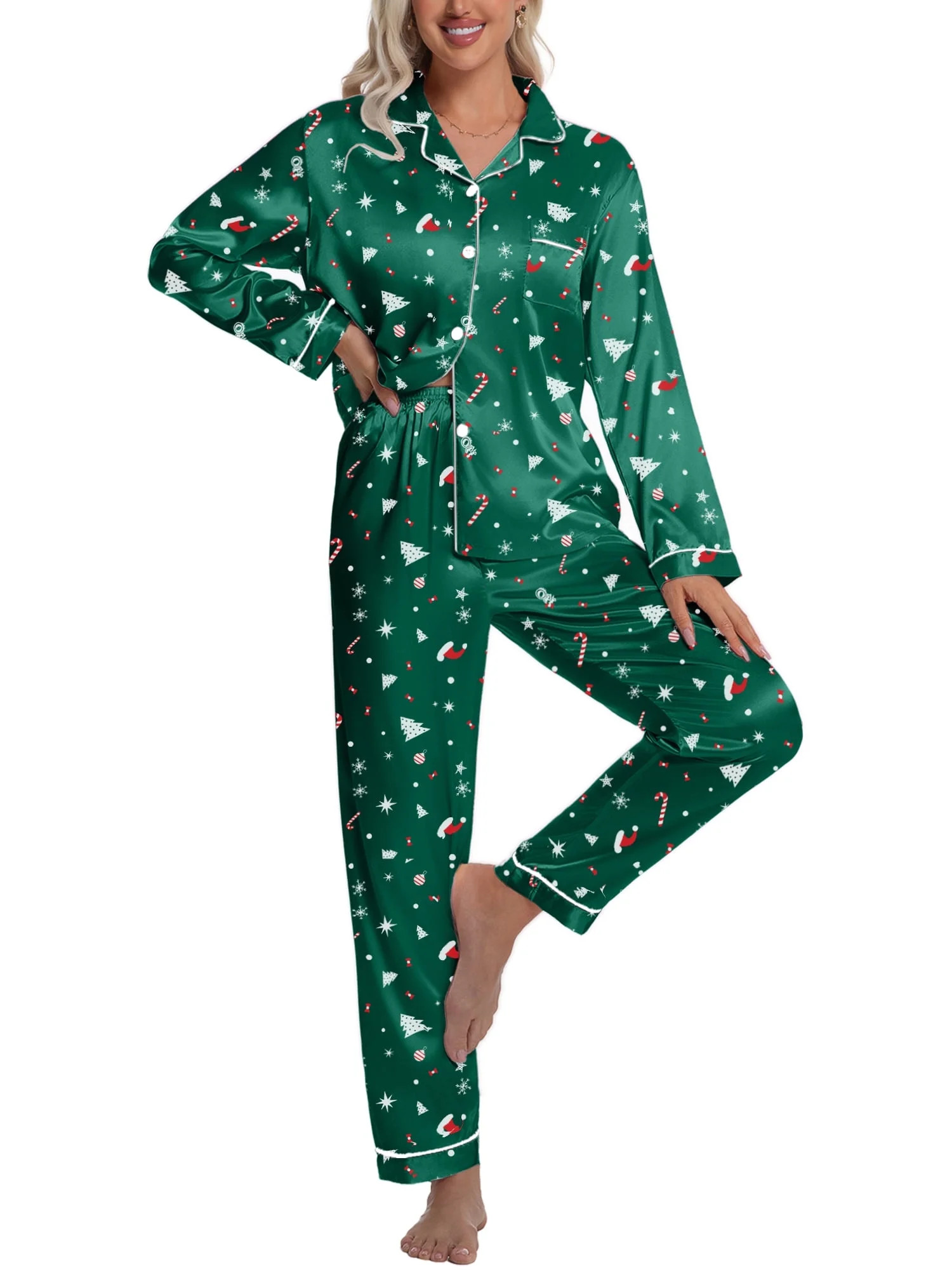 DAKIMOE Silk Satin Pajamas Set Womens Christmas Pajamas Long Sleepwear Button Down 2 Piece Classi... | Walmart (US)