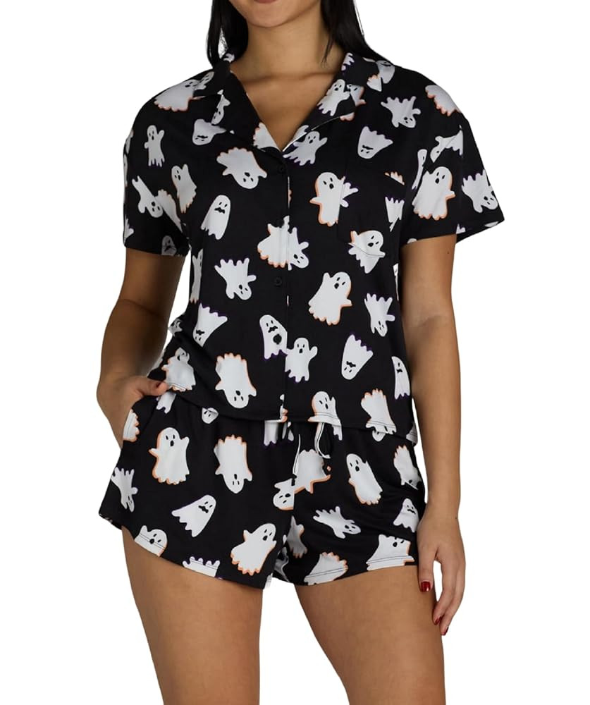 Aonoapll Halloween Pajamas Women Pumpkin Ghost Graphic 2 Piece Sleepwear Short Sleeve Button Shir... | Amazon (US)