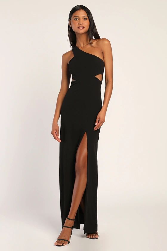 Show-Stopping Style Black One-Shoulder Cutout Maxi Dress | Lulus