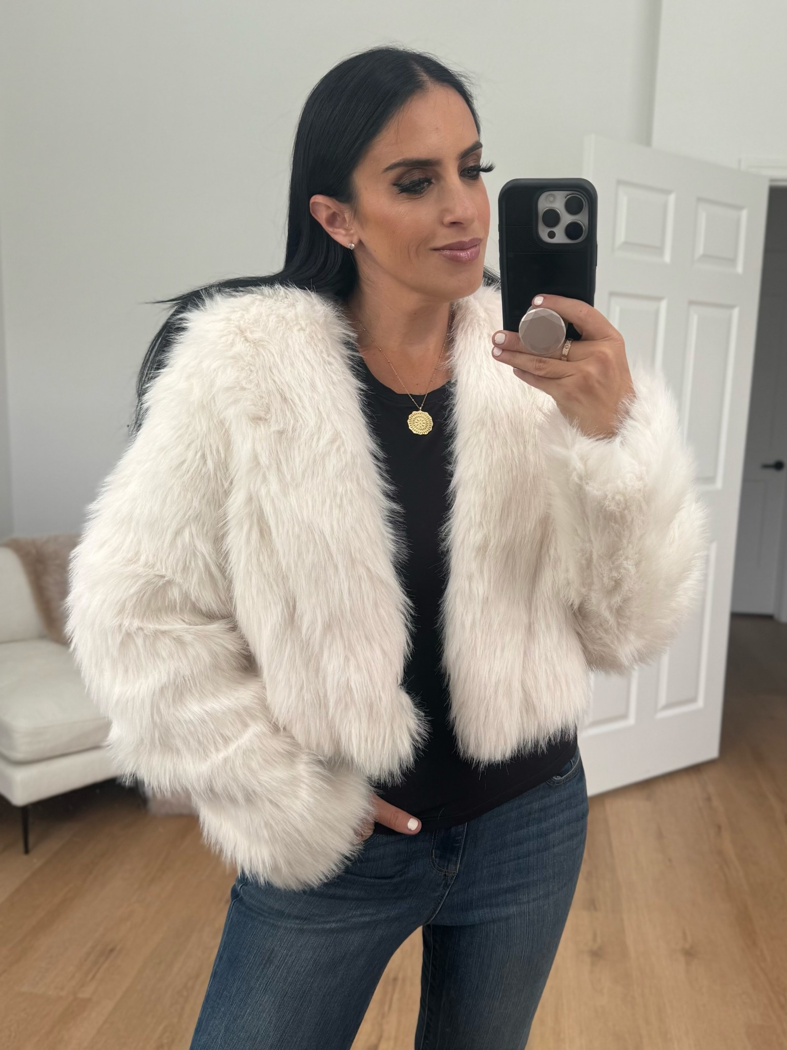 Madden NYC Women's Faux Fur Cropped Jacket wearing size small/medium. 
