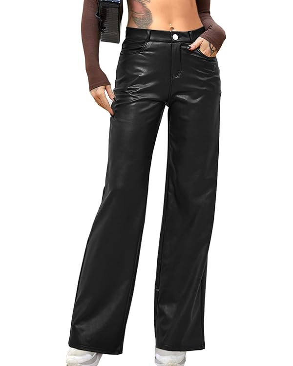 Navneet Women Faux Leather Pants PU High Waist Straight Leg Pants with Pockets Leather Leggings B... | Amazon (US)
