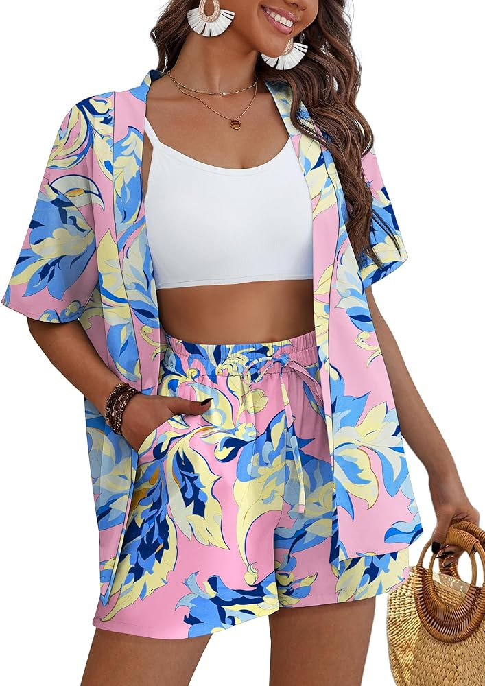 REDHOTYPE Women's 2 Piece Outfits Kimono Style Tropical Print Cover Ups Half Sleeve Blouse Shorts... | Amazon (US)